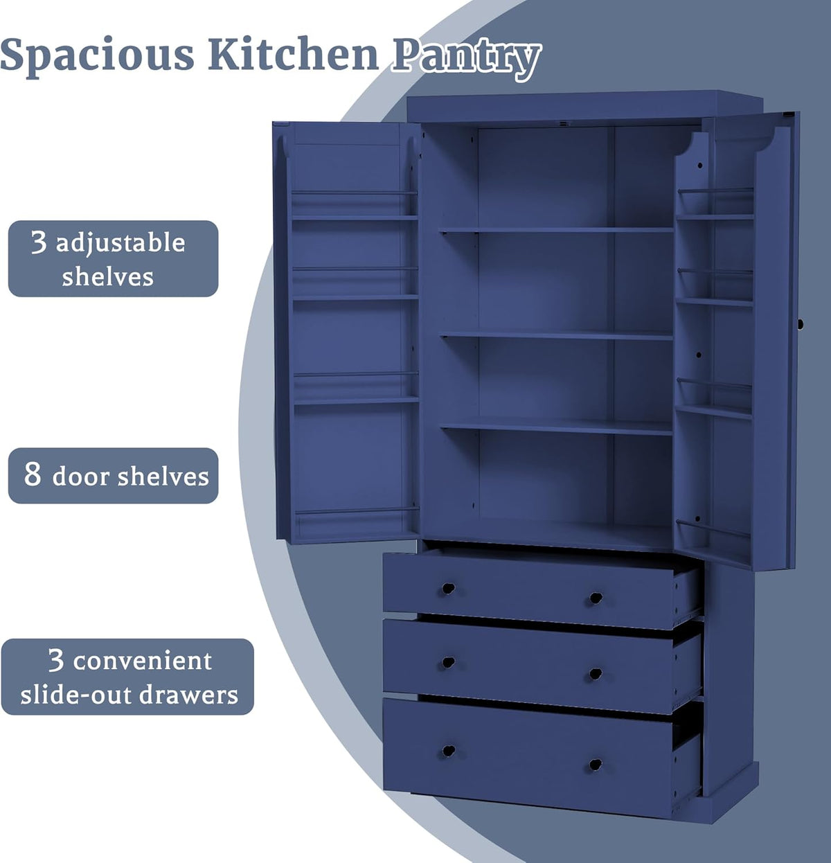 Pantry with 8 Door Shelves and 3 Drawers, 77inch Farmhouse Freestanding Tall Cupboard Storage Cabinet with 3 Adjustable Shelves for Kitchen Room (Blue)