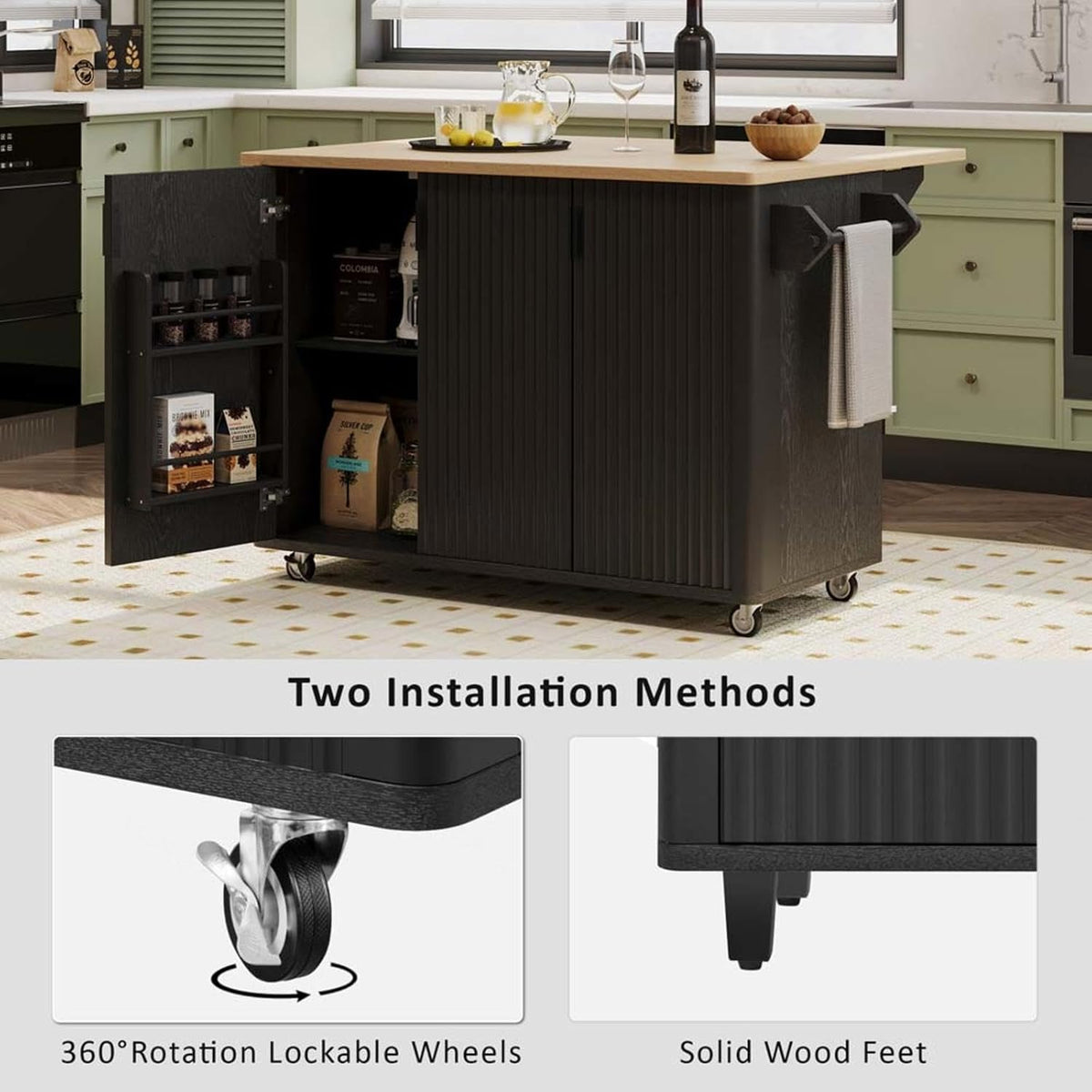 Kitchen Table with Storage with Drop Leaf Internal Storage Rack, Wood Kitchen Island with Wheels Towel Rack， for Kitchen, Dining Room, Black