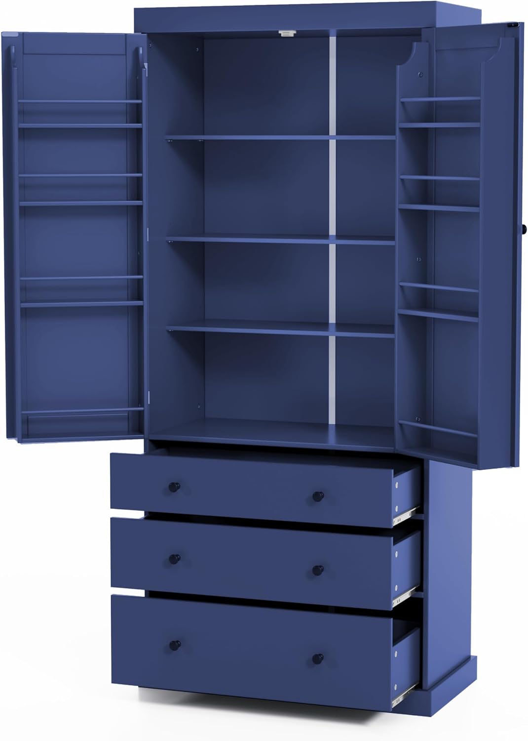 Pantry with 8 Door Shelves and 3 Drawers, 77inch Farmhouse Freestanding Tall Cupboard Storage Cabinet with 3 Adjustable Shelves for Kitchen Room (Blue)