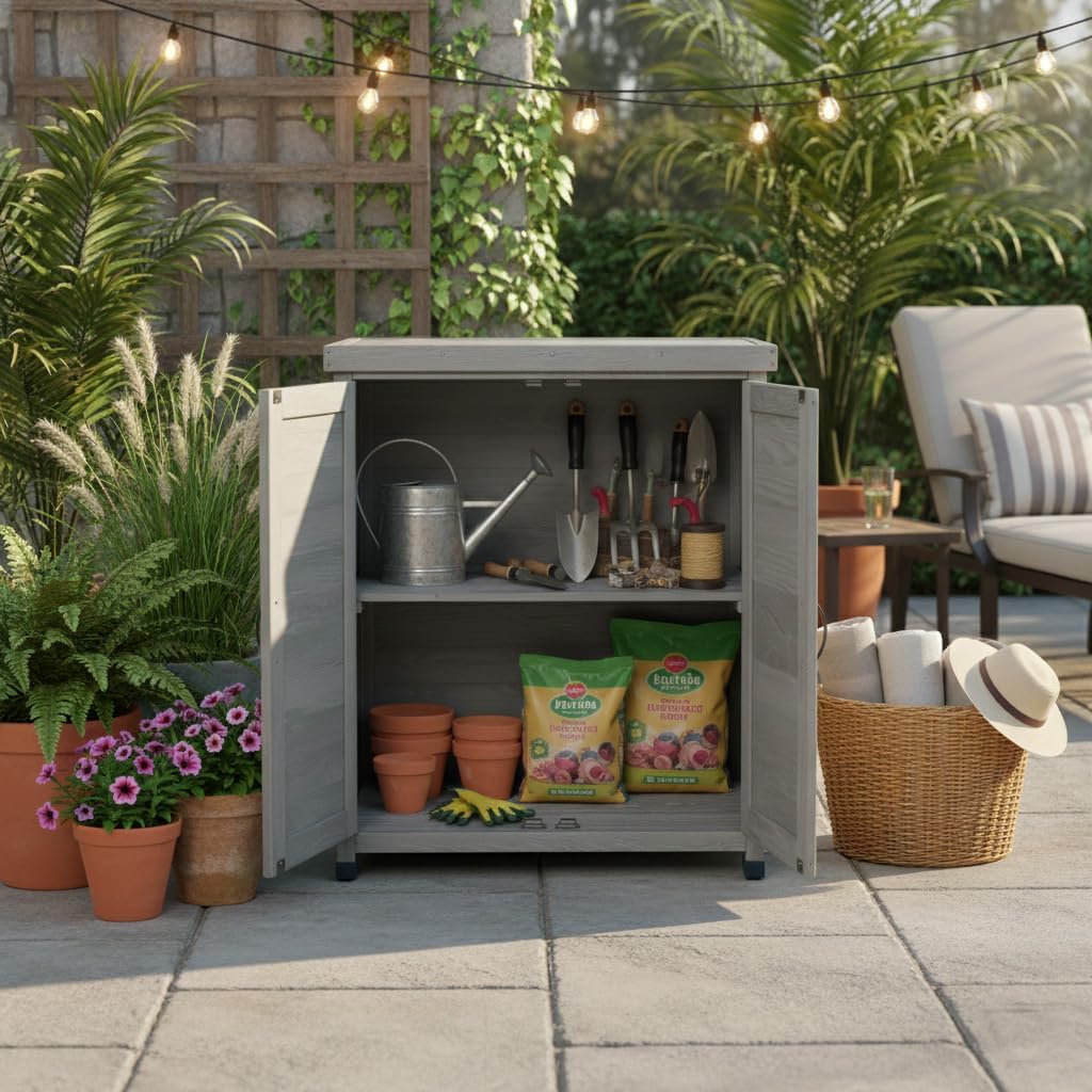 31" Weatherproof Small Storage Cabinet, Storage Cabinets with Premium Wood, Tool Cabinet with Magnetic Door for Patio & Garage, Gray