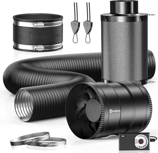 Hon&Guan 6" Air Filtration Kit: 6 Inch Inline Duct Fan with Speed Controller, 12" High Carbon Filter, 8 Ft Ducting & Rubber Coupler, Ventilation System for Grow Tents, Indoor Gardening, Hydroponics
