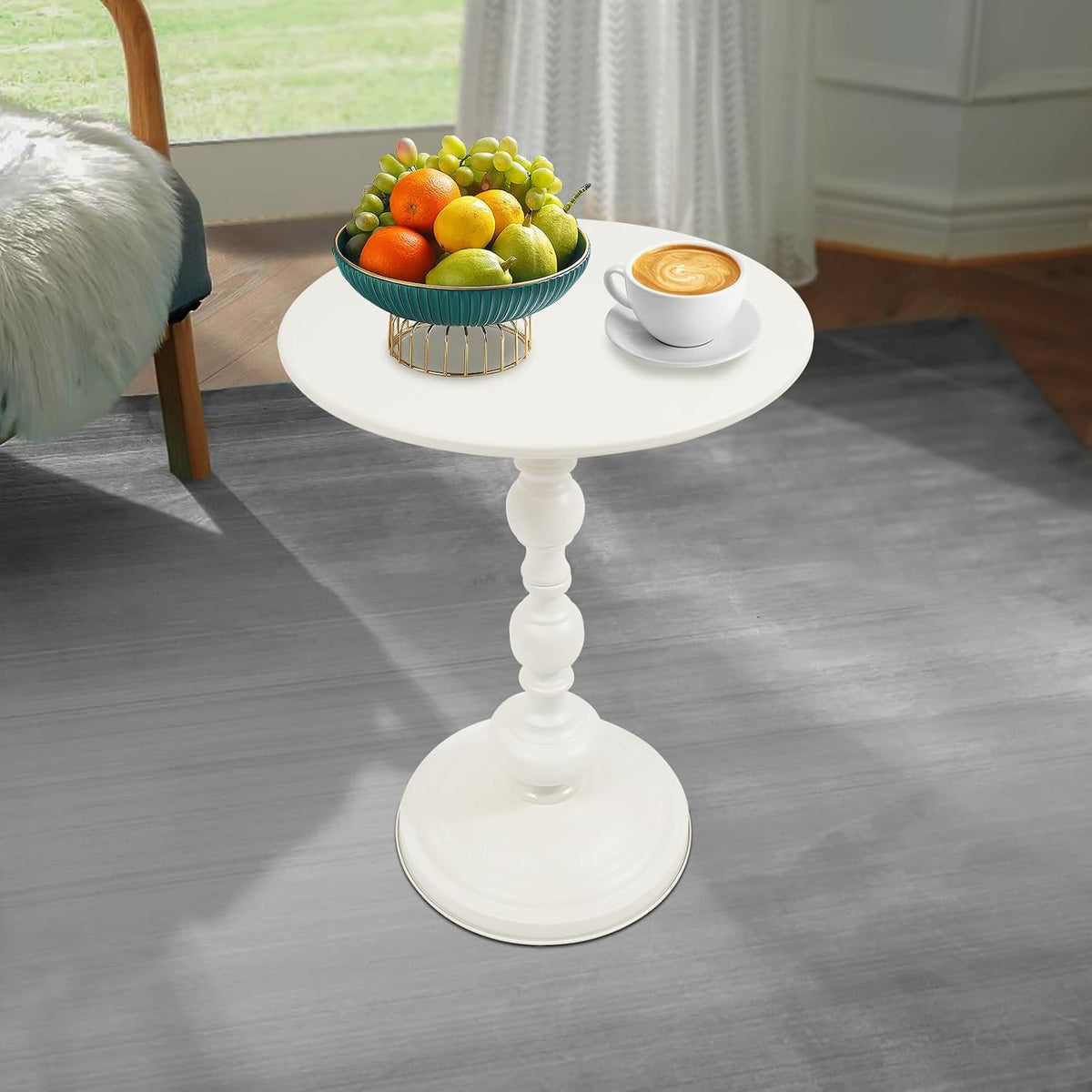 Pedestal Metal Round Side Table Round Small Accent Table Multifunctional Vintage Coffee Table for Living Room, Bedroom, Office, bar and Patio (White)