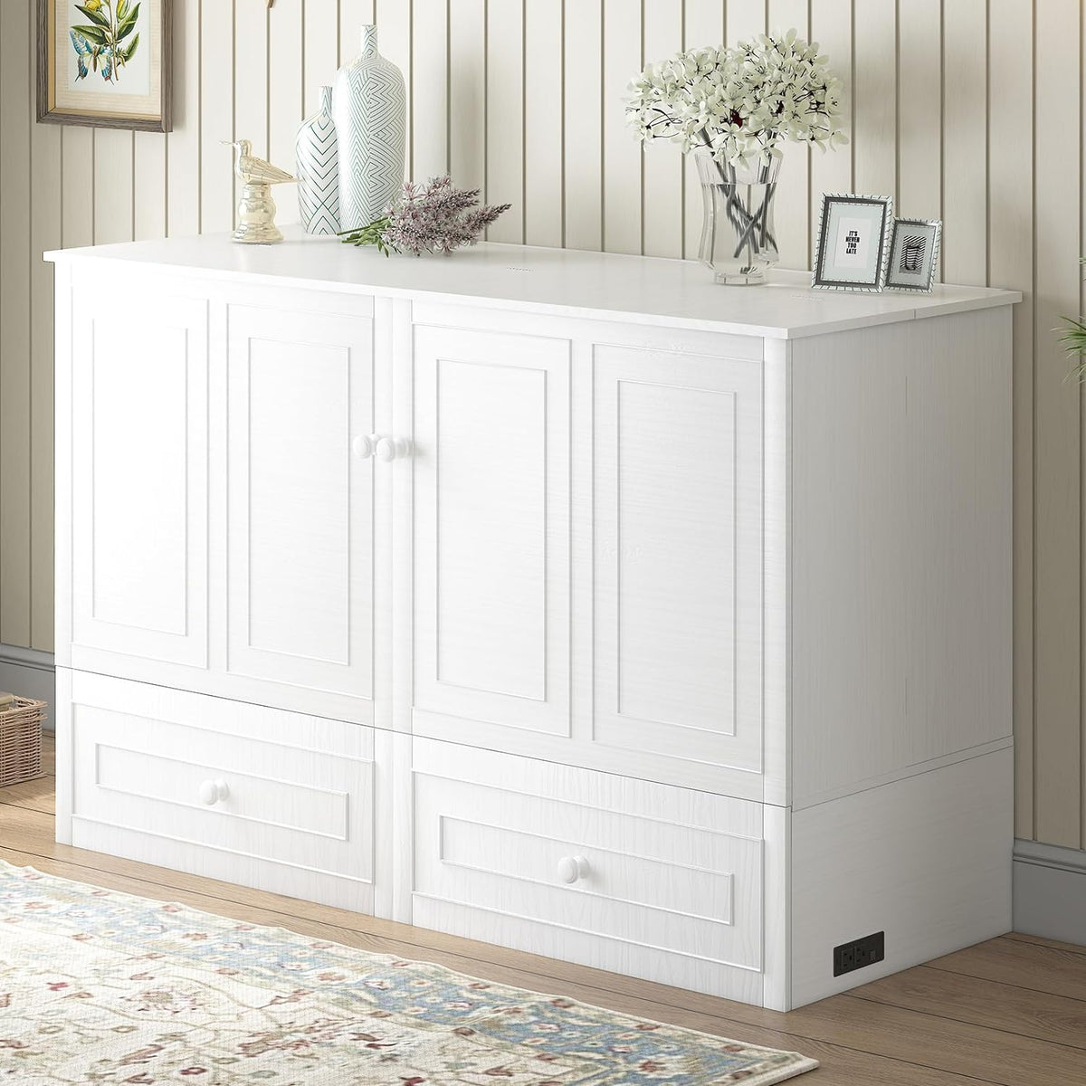 Mjkone Murphy Cabinet Bed Queen Size White No Mattress | with Tri-Folding Mattress, 2 Storage Drawers & USB Charging Station, Wooden Wall Chest Bed