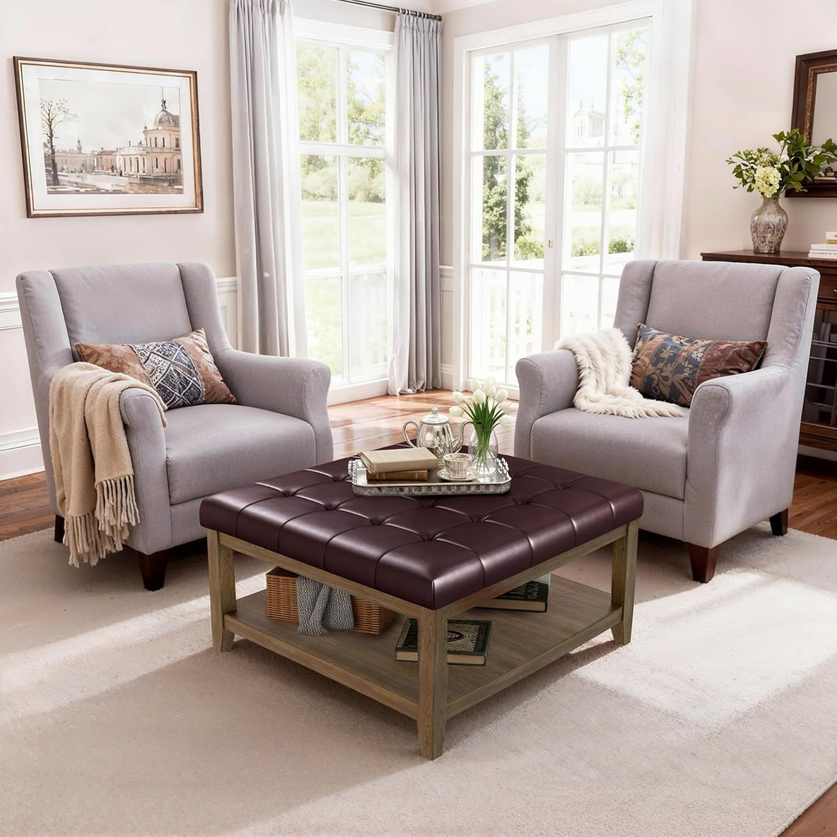 ABHENG 31.5" Large Square Storage Ottoman, Upholstery Solid Rubberwood Coffee Couch Table with Open Shelf, Foot Stool Load up to 330lb, Sythetic Leather Brown UASND67R