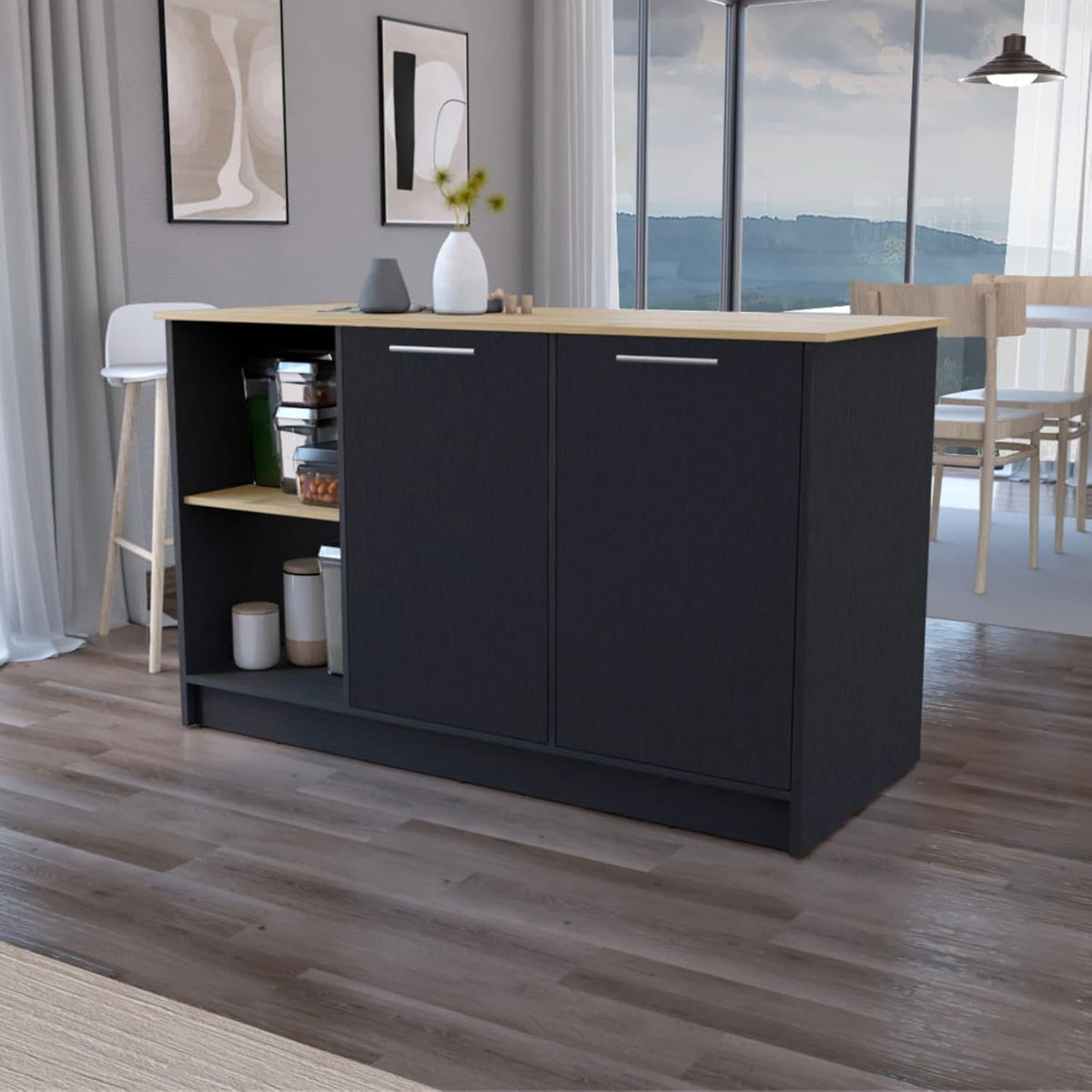 Hassyee Fashionable and Minimalist Style Fixed Kitchen Island, Equipped with Spacious Countertops, Two Open Storage Shelves, Double Door Design, Suitable for Kitchen Use (Black+Natural)