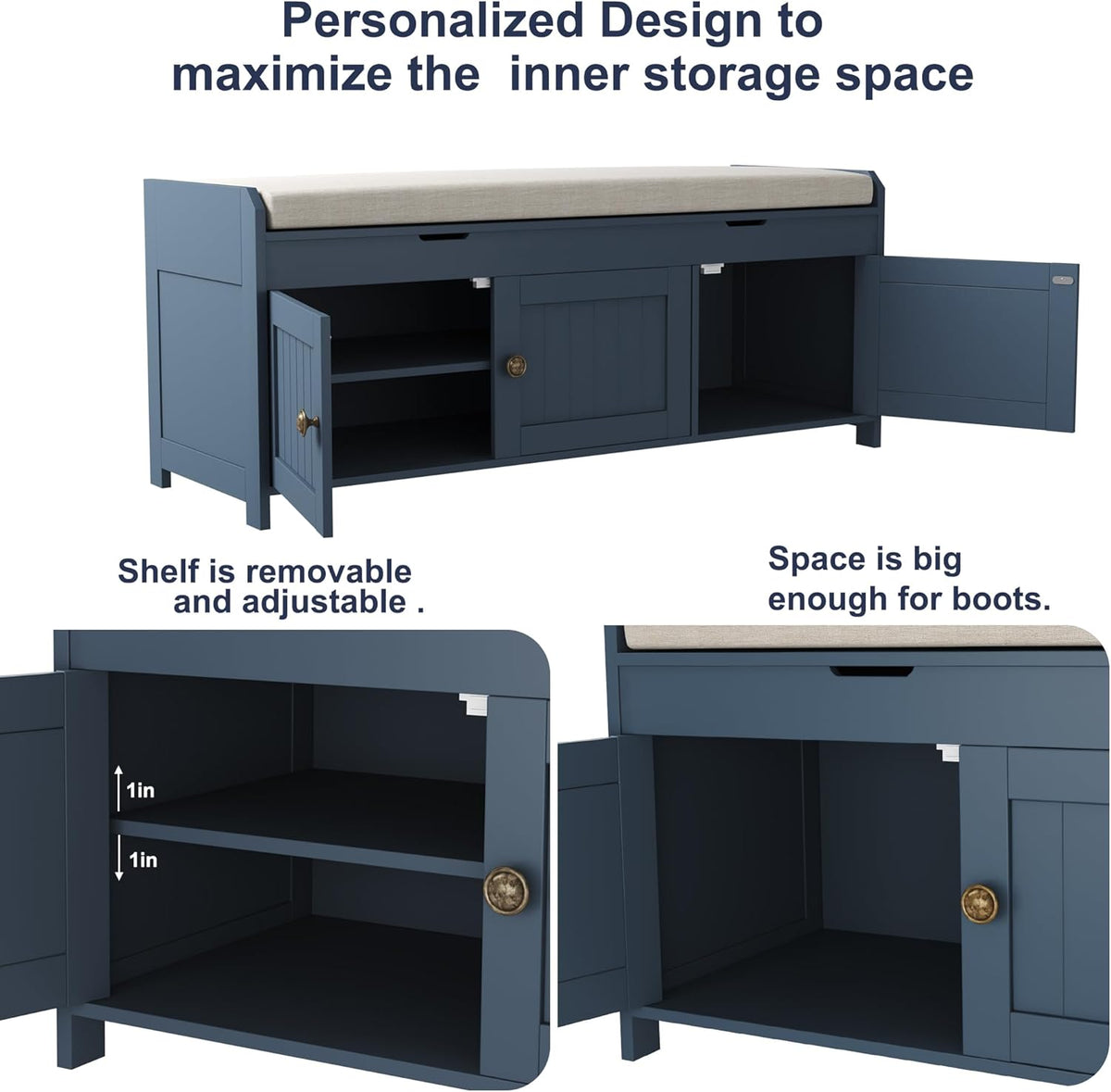 HOMEFORT 41.3" Shoe Bench with Lift Top Storage, Entryway Bench with Cushioned Seat, Wooden End of Bed Bench, Shoe Cabinet Bench with Hidden Storage Space, for Bedroom, Hallway,Blue