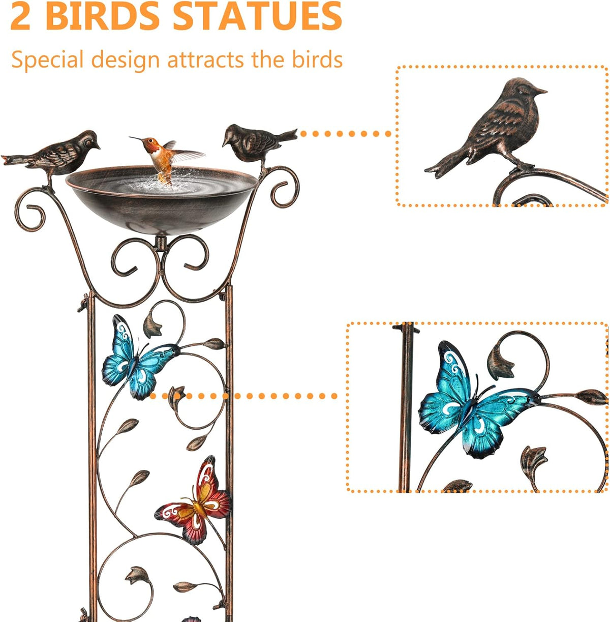 SUNNYPARK Bird Bath with Trellis Outdoor, Antique Garden Iron Trellis with Decorative Butterflies Detachable Bird Bowl Metal Potted Plants Support for Climbing Flowers