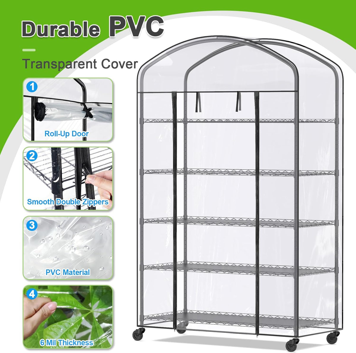 Abimars 5-Tier Greenhouse with Caster Wheel, Each Shelf Height Adjustable Metal Plant Shelf with PVC Cover for Seed Starting Trays, Seedling Pots, Plant Pots, 21x49x80inch