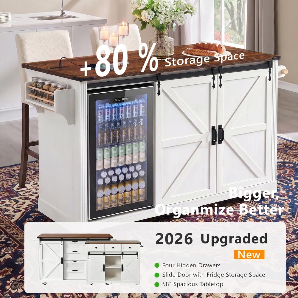 Merax 72" L White Rolling Kitchen Island with Fridge Storage Space | Coffee Bar Cabinet Kitchen Table on Wheels with Drop Leaf, 4 Drawers, Sliding Barn Door and Glass Holder