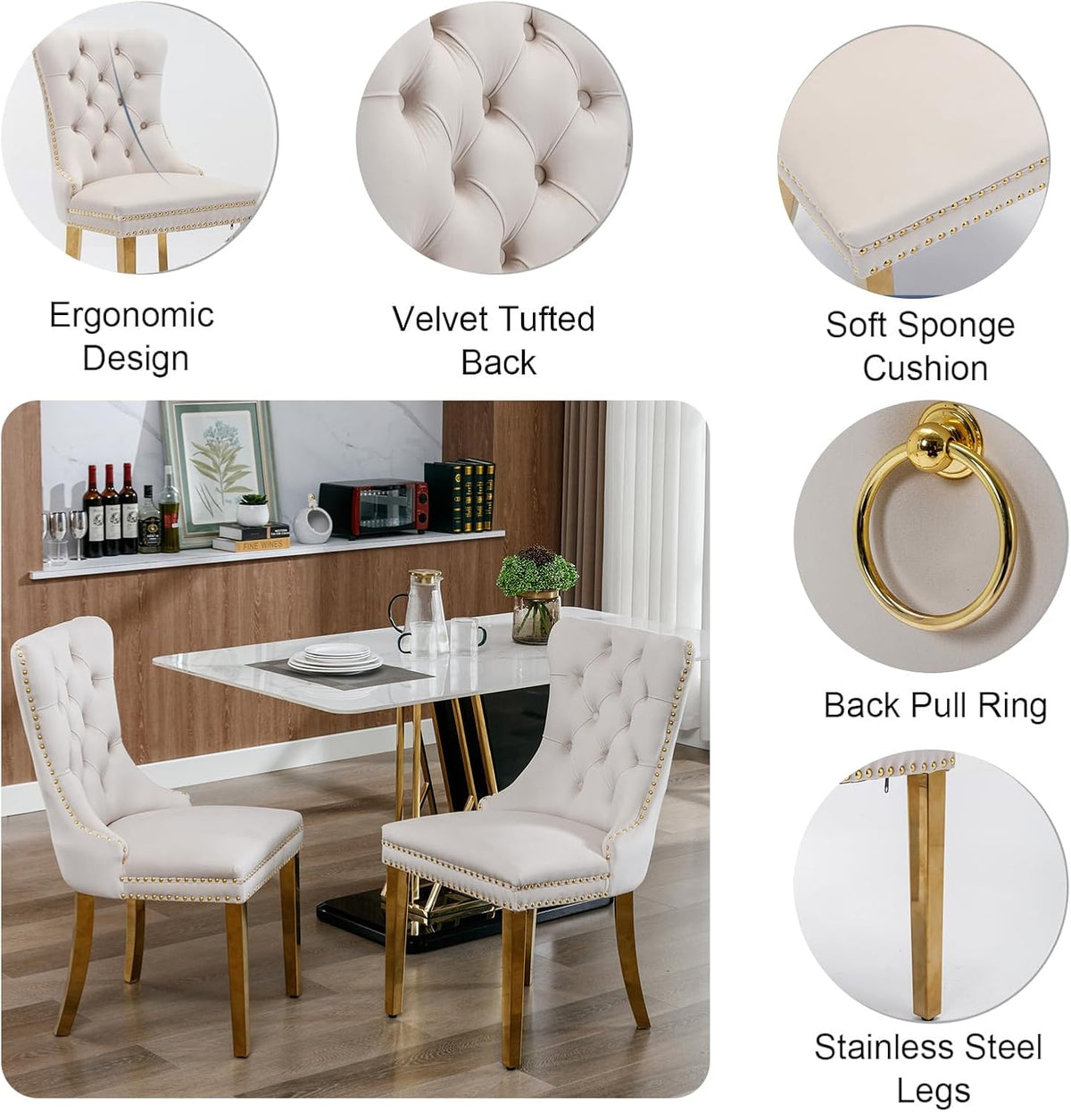 7 Piece Dining Table Set, White 70" Marble Dining Table with 6 Beige Velvet Chairs, Luxury Faux Marble Dining Room Table Set for 6, Modern Kitchen Table and Chairs Set for Home Furniture