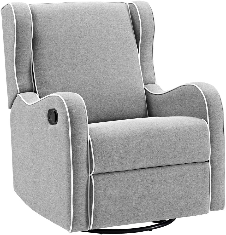 Angel Line Rebecca Upholstered Swivel Gliding Recliner, Gray Linen with White Piping