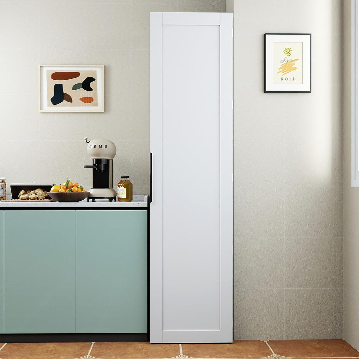 JOYSOURCE 22 in Deep Kitchen Pantry Storage Cabinet with Doors and Adjustable Shelves Tall Large Cupboard with Door Shelving, Wheel Support for Food White