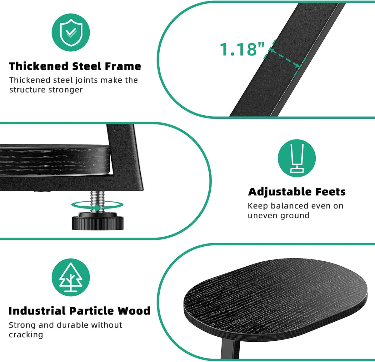 Kalrin Side Table, Small End Table with Metal Frame, 3-Tier Bedside Tables, Round Side Tables for Living Room Bedroom Couch Bathroom, Oval, Pure Black