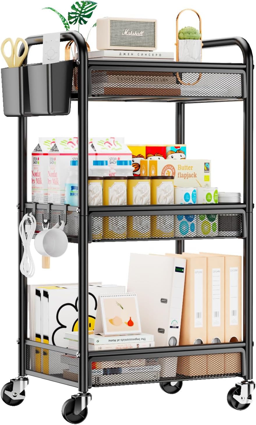 YASONIC 3 Tier Rolling Cart – Metal Utility Storage Carts with Wheels, Craft Cart Organizer with Hanging Cups, Hooks, Mesh Basket for Bedside Kitchen Office Art, Black