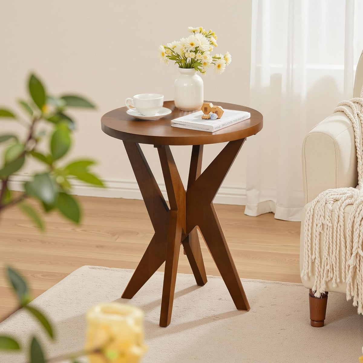 Ahokua Mid-Century Modern Round End Table, Walnut Brown Farmhouse Side Table with MDF Top and Crossed Legs for Living Room Bedroom, or Small Spaces