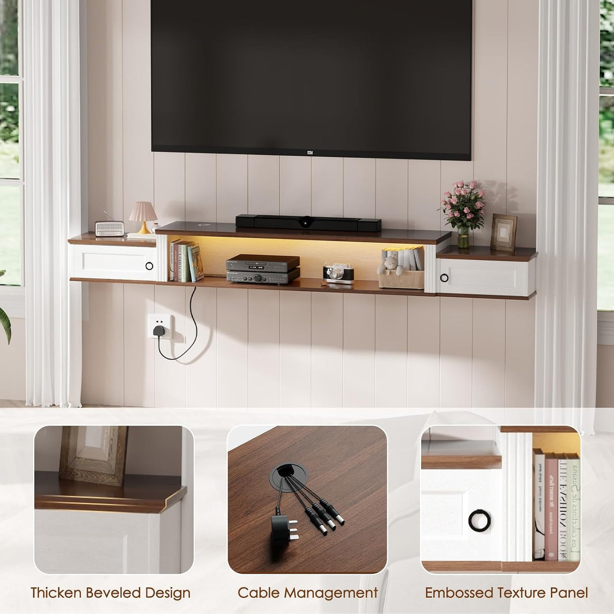 Farmhouse Floating TV Stand for 80" TVs, with LED Light & Outlet | 70" Modern Wood Floating TV Shelf, Minimalist TV Stand Wall Mounted for Living Room, Walnut + Antique White