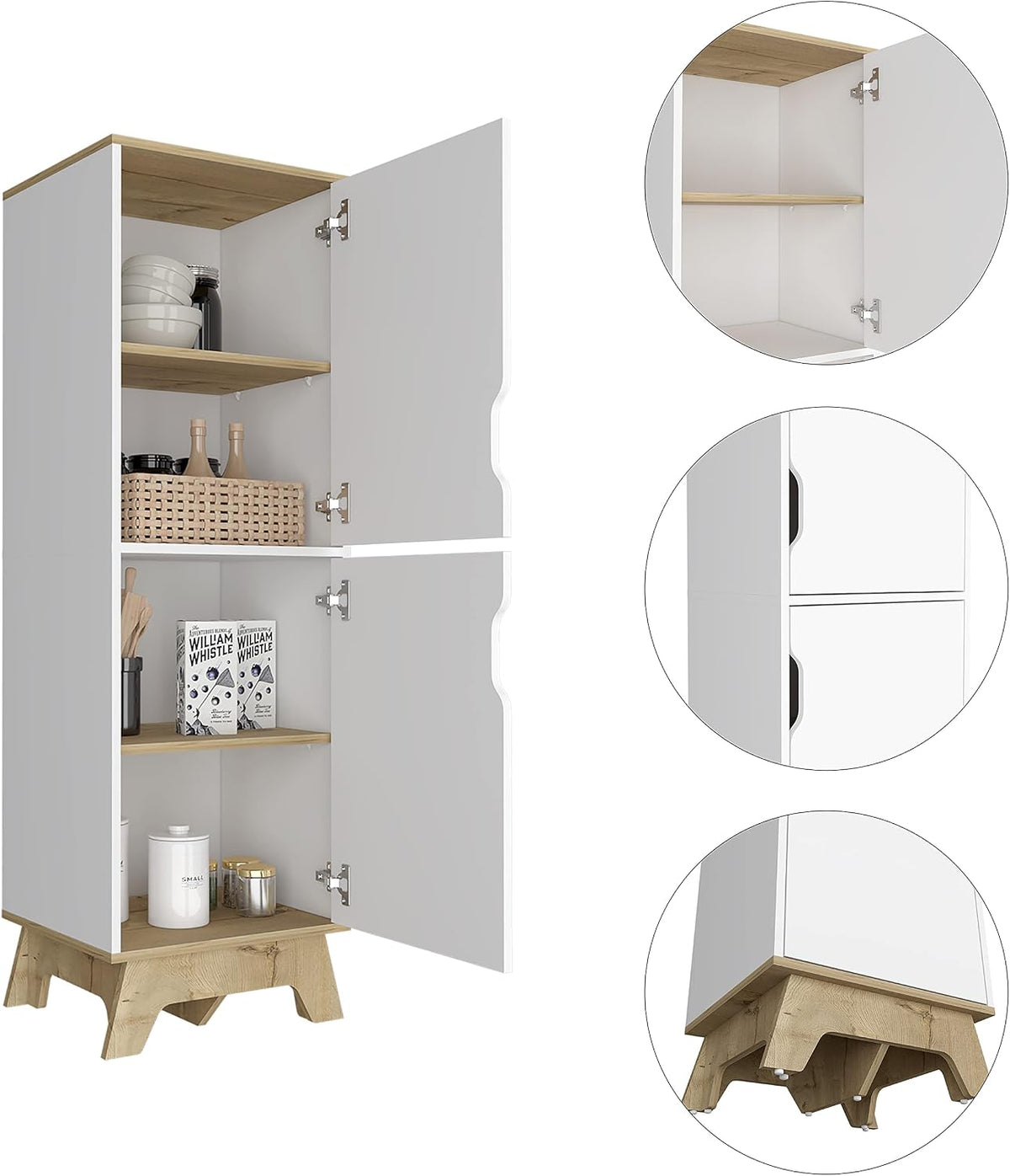 FM FURNITURE British Single Kitchen Pantry with 4 Shelves, and Double Doors Cabinet, Light Oak/White