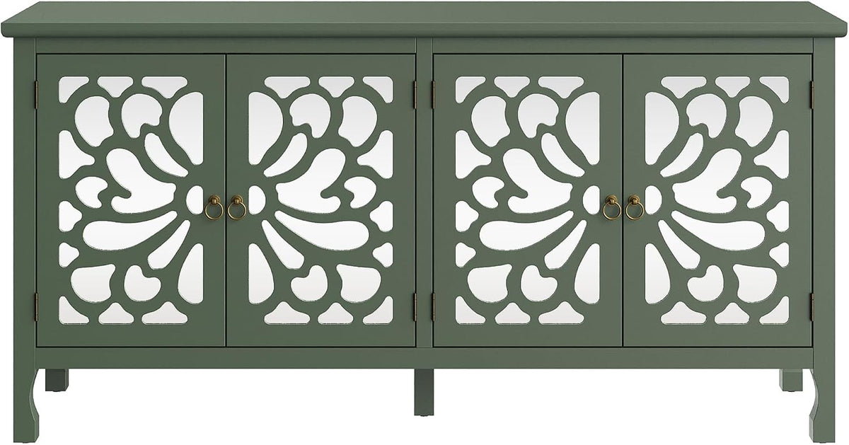 Fansafurn 63" Carved Buffet Cabinet with Mirrored Door, Modern Console Table with Storage and Adjustable Shelves, Wood Media Sideboard for Entryway, Living Room, Bedroom, Dining Room, Bathroom (Green)