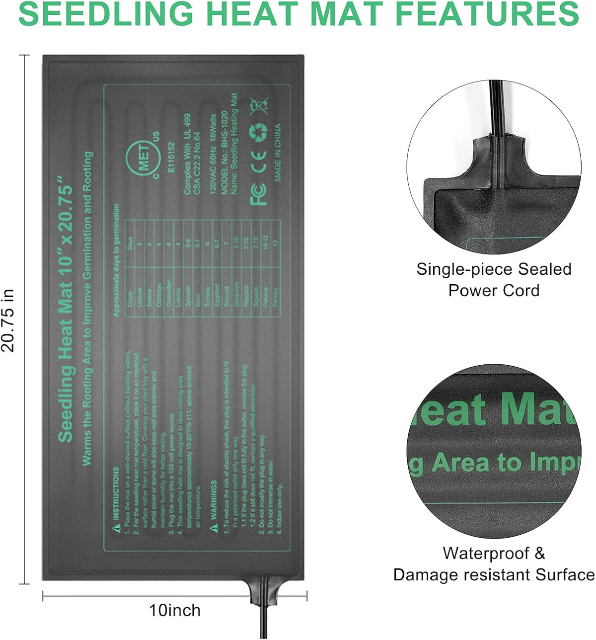 Seedling Heat Mat Hydroponic Plants Heating Pad, Seed Starting Greenhouse and Germination, Waterproof Durable Heating Pad for Indoor Home Gardening Seed Starter(10“x20.75”)