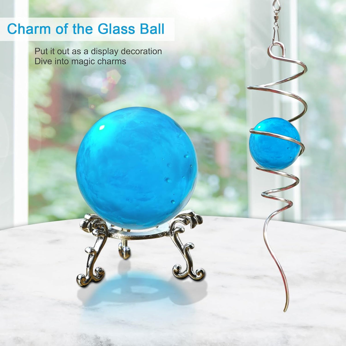 Gazing Ball Spiral Tail with 11inch Tail and 2inch Blue Glass Orb, Wind Spinner Stabilizer with Swivel Hook. Sun Catcher Rainbow Maker Hanging Decor for Garden Home Indoor Outdoor 13" H