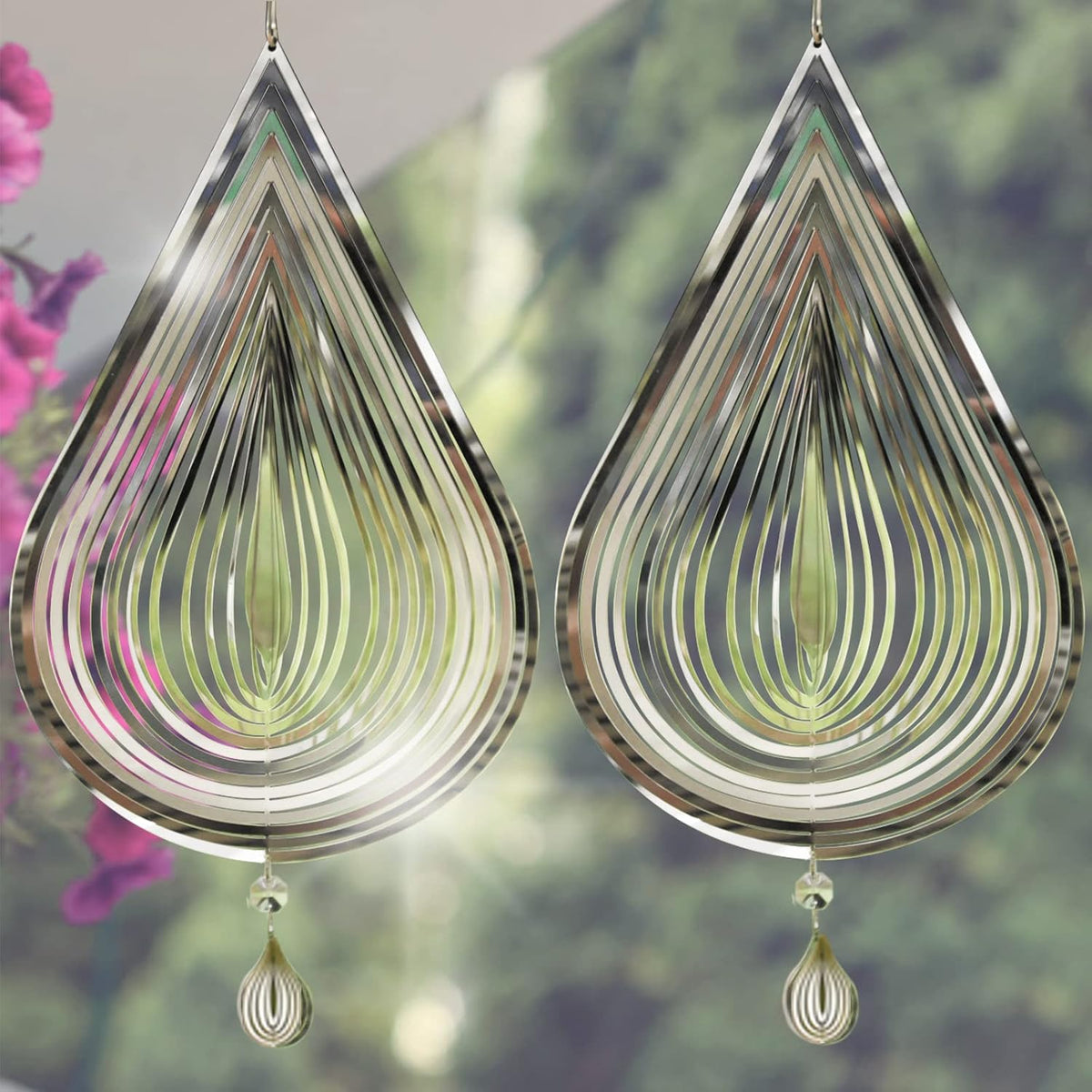 Wind Spinners, 2× 3D Stainless Steel Outdoor Hanging Wind Spinner, 2× Metal Pendants and 3× 360° Rotating Hooks with Wirerope, Reflective Decor for Outside Yard and Garden (Shape No.1)