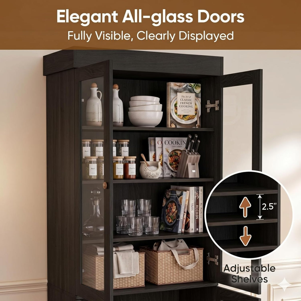 Vyre 71" Tall Farmhouse Kitchen Pantry, Large Storage Cabinets with Glass Doors, Hutch Cabinet with 3 Drawers, Adjustable Shelves for Living Room, Dining Room, Black