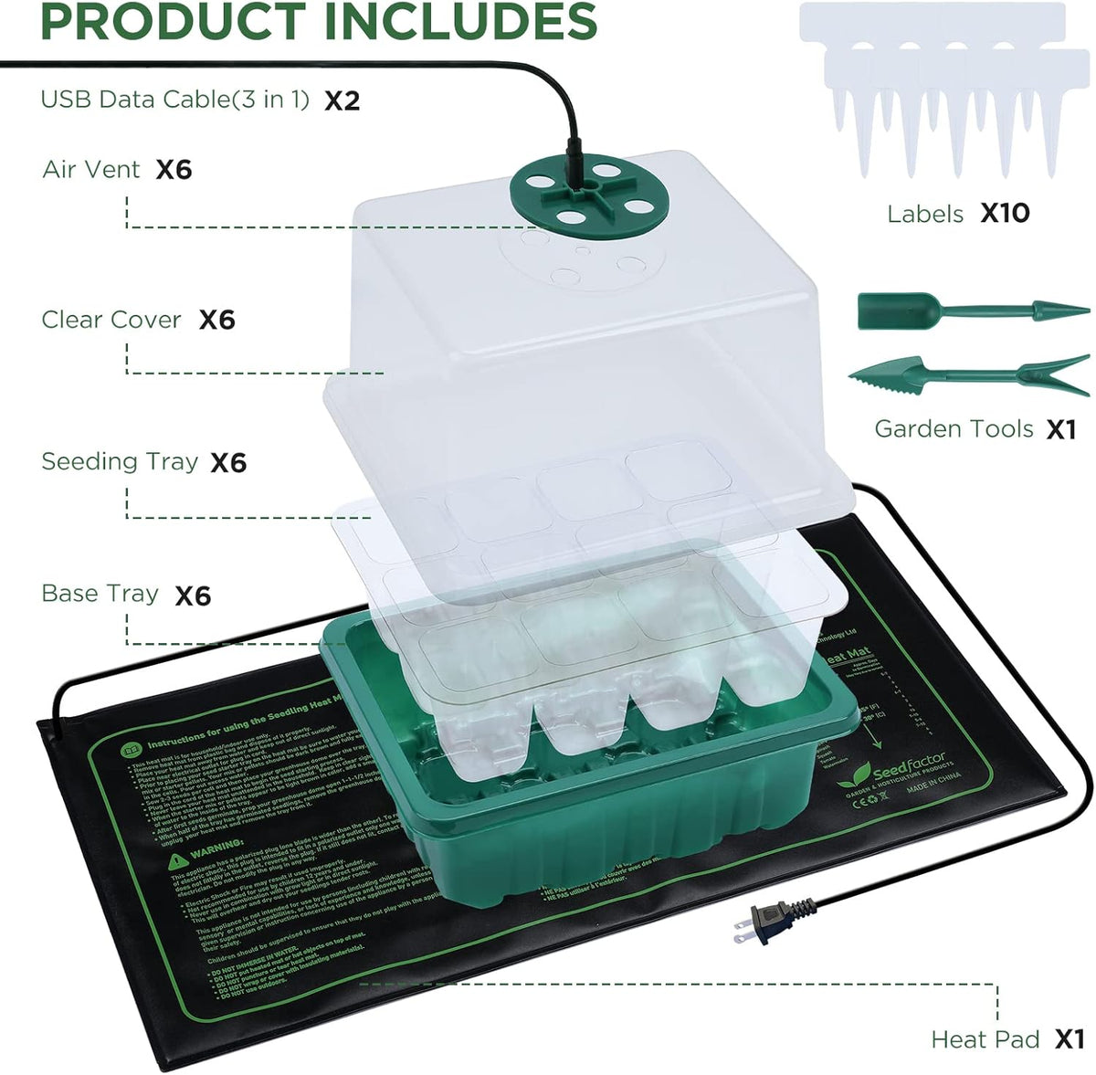 Seedfactor 7-Pack Seed Starter Kit with Grow Light (12 Cells per Tray), Plant Germination Trays with Adjustable Humidity Dome Seed Trays Seedling Starter with Base Trays for Germination