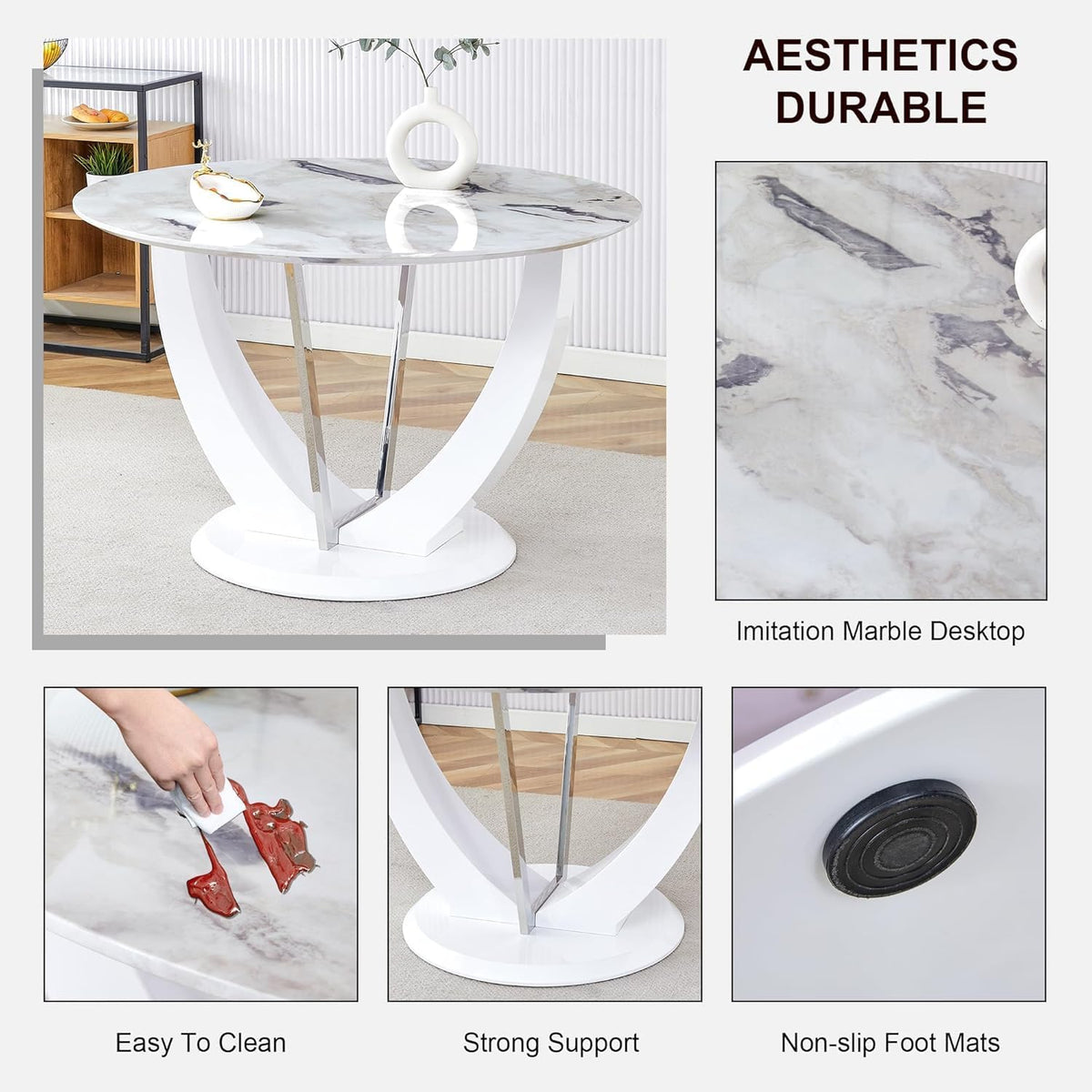 Modern 5 Piece Round Dining Table Set for 4, 47.2" White Faux Marble Kitchen Table with Upholstered PU Leather Chairs, Dining Room Furniture Set for Apartment, Breakfast Nook, Small Space