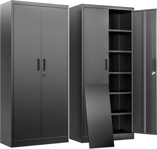 BESFUR Metal Storage Cabinet with 2 Doors and 5 Adjustable Shelves Garage Storage Cabinet with Lock 71" Office Storage Cabinets Locking Cabinets for Garage Office Shop Home (Black)