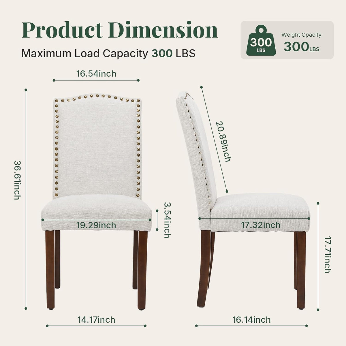 Upholstered Dining Chair Set of 6, Farmhouse Fabric Kitchen Chair | Modern, Padded Seat, Solid Wood Legs, High Back, Nailhead Trim, Living Room, Restaurant, Hotel, Beige