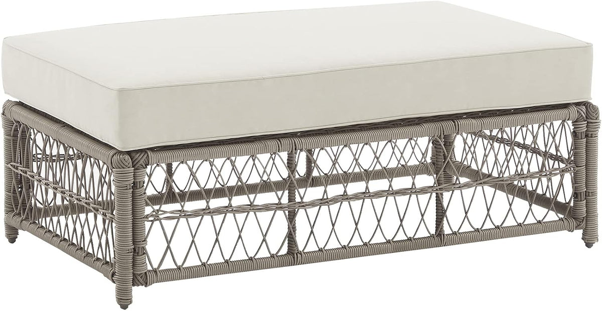 Crosley Furniture Thatcher Wicker Coffee Table and Ottoman Foot Rest for Porch, Deck, Backyard, Driftwood with Creme Cushions