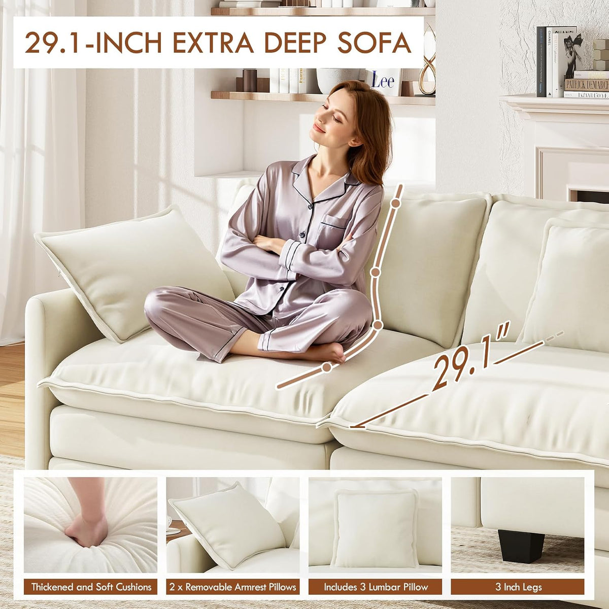 WorthFurni 111.4" Modular Sectional Sofa, U Shape Cloud Couch with 2 Movable Ottoman, Comfy Chenille Deep Seat Sofa with Soft Pillows for Living Room Bedroom Apartment (Beige)
