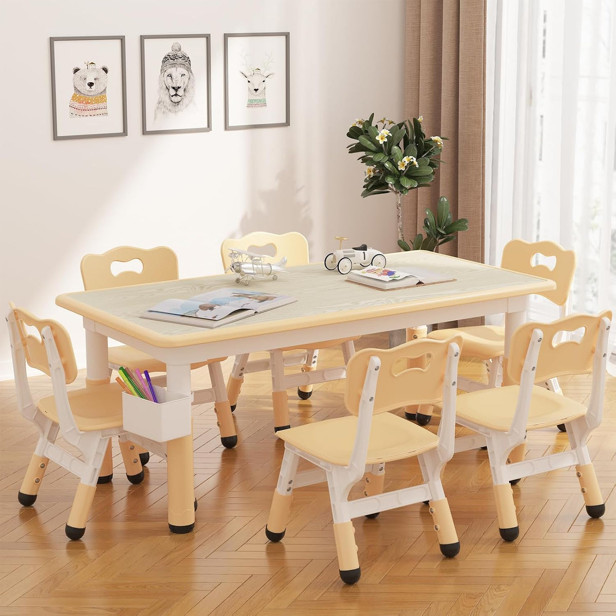 Jojoka Kids Table and 6 Chairs Set, Adjustable Toddler Activity Table Set, Wipe-Clean Desktop, Non-Slip Legs, Height Adjustable Kids Furniture for Home, Preschool, Daycare, Ages 2-10-Natural