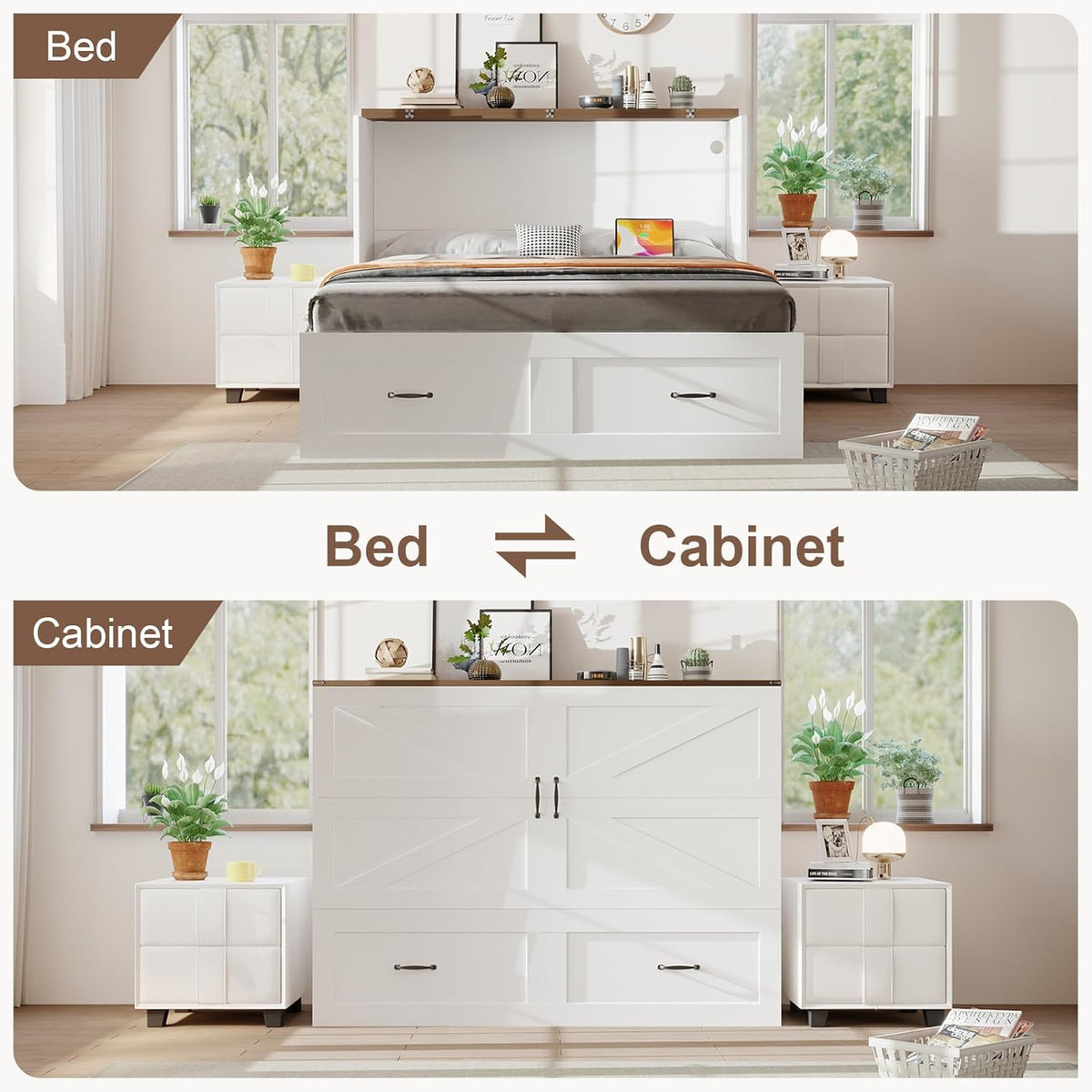 KCGKCG Full Size Murphy Bed with Storage & Charging Station, Murphy Cabinet Bed with Drawer for Guest Bedroom, Living Room, Office or Small Room, Full Foldable Platform Bed (White, Full)