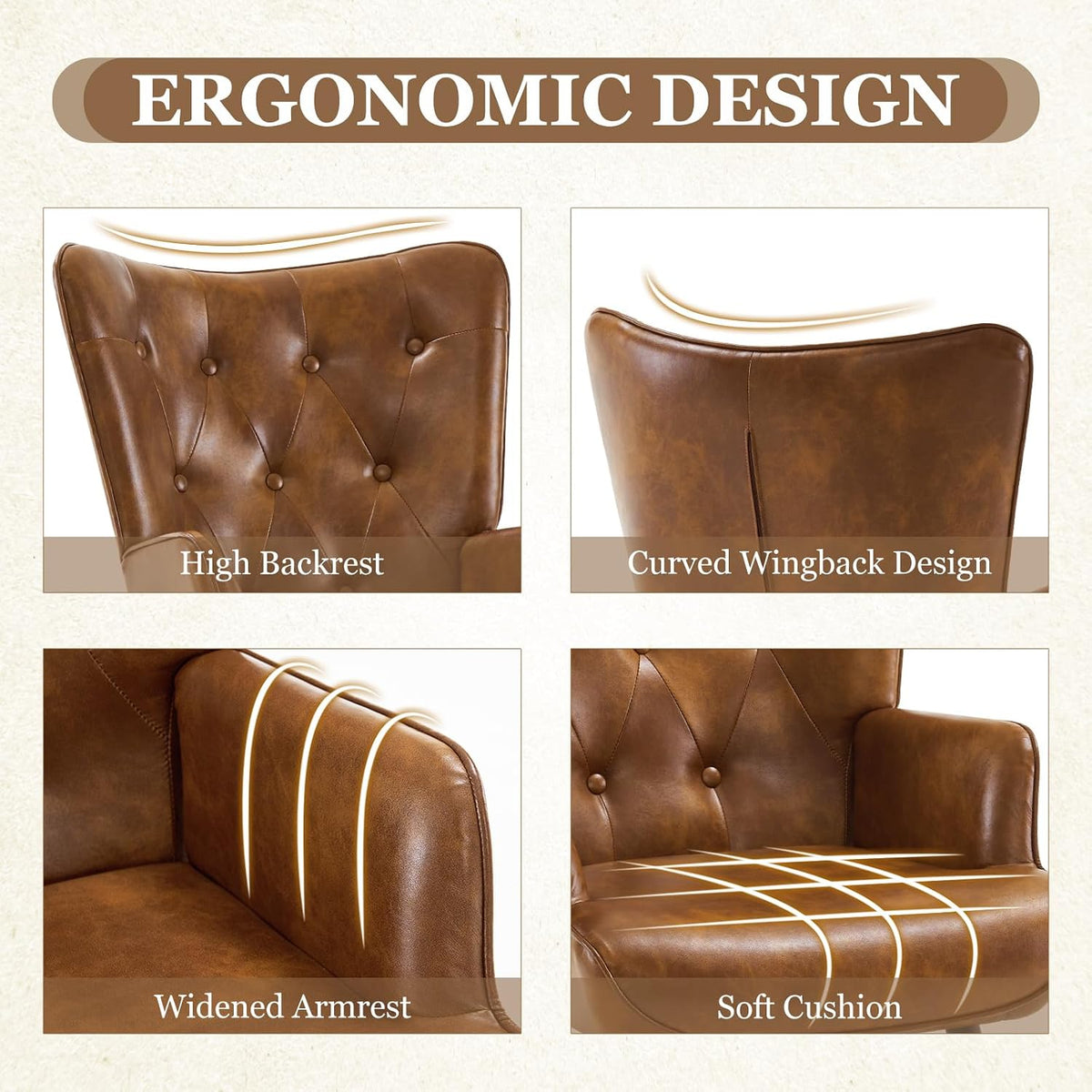Furnimart Accent Chairs Set of 2, Brown PU Leather Reading Armchair with High Backrest, Wingback Corner Chair Mid Century Modern for Living Room, Bedroom, Waiting Room