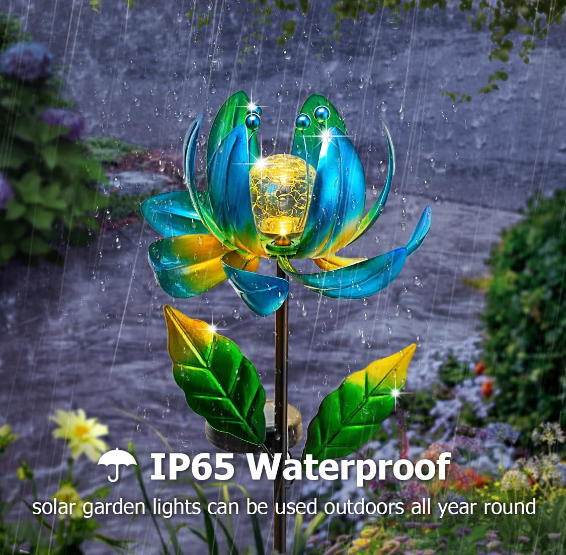 Solar Yard Lights Wind Spinners- Metal Lotus Flower Garden Decor LED Crackle Glass Globe Yard Art Sculpture Solar Stake Lights for Patio Pathway Lawn Walkway