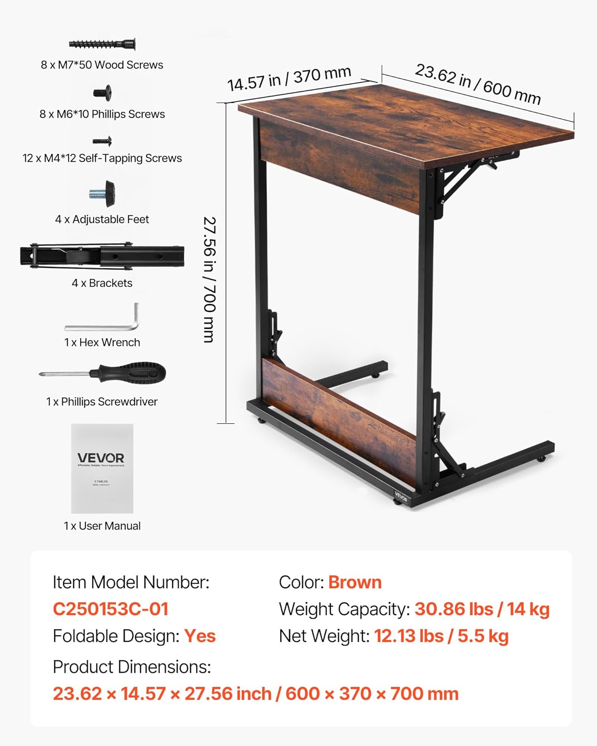 VEVOR C Table, Folding C Shaped End Table with Metal Frame & Adjustable Feet, Foldable C Shaped Side Table for Living Room Bedroom Office, 23.62 x 14.57 x 27.56 inch TV Tray, Brown and Black