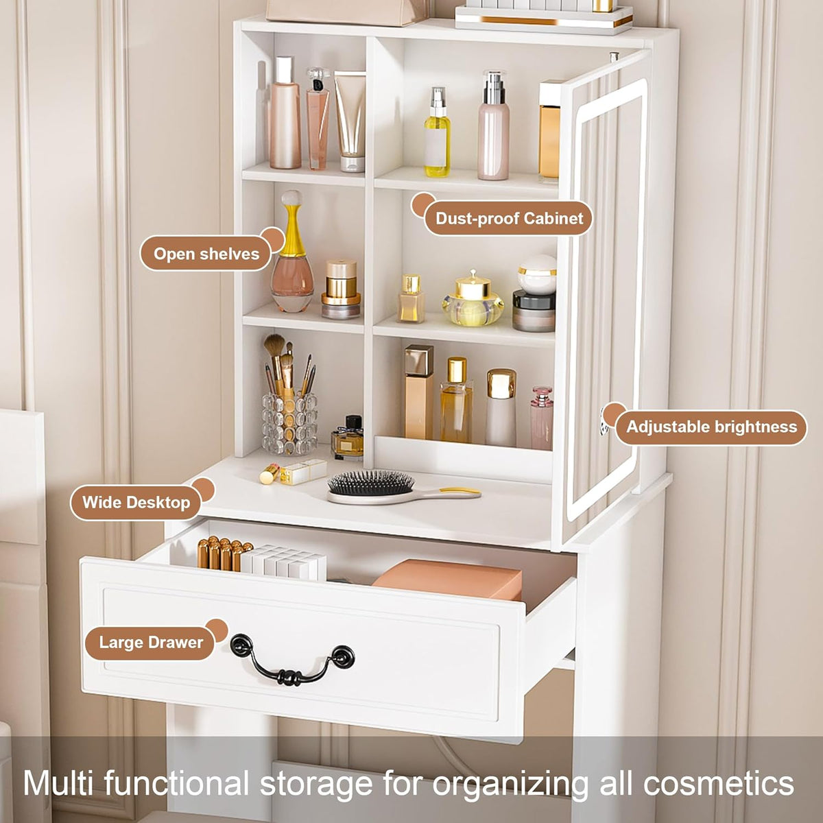Small Makeup Vanity Desk with Mirror and Lights, Vanity Table Set with Storage Drawer & Open Shelves, 3 Lighting Colors, Adjustable Brightness Mini Makeup Vanity with Stool