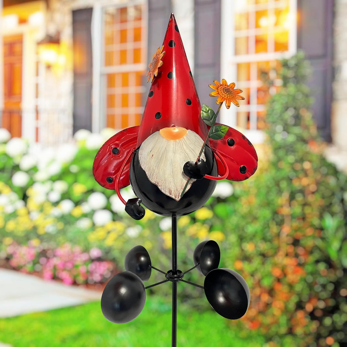 HONGLAND Gnome Metal Yard Art, Gnomes Garden Statue Outdoor Decor, 48 inch Gnome Decorations 360 Degrees Swivel Wind Spinner for Outdoor Patio Garden Backyard Décor - Ladybug