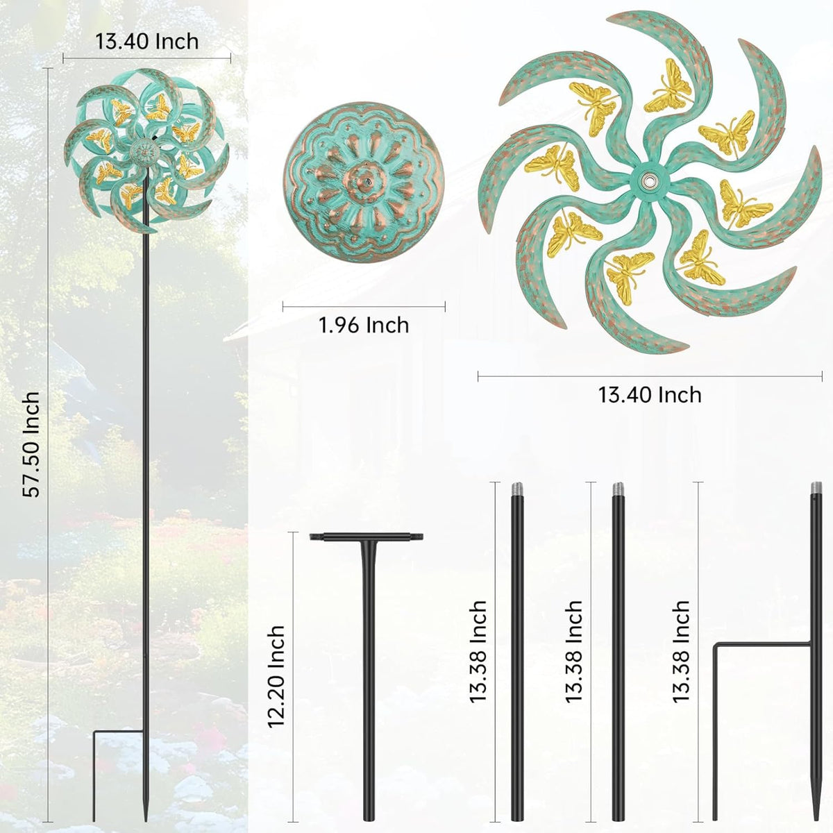 Metal Wind Spinner Outdoor, Golden Butterfly Kinetic Wind Sculpture Spinners with Metal Stake, Yard Art Decor for Patio, Lawn & Garden, Creative Gifts 57.5 * 13.4 Inch