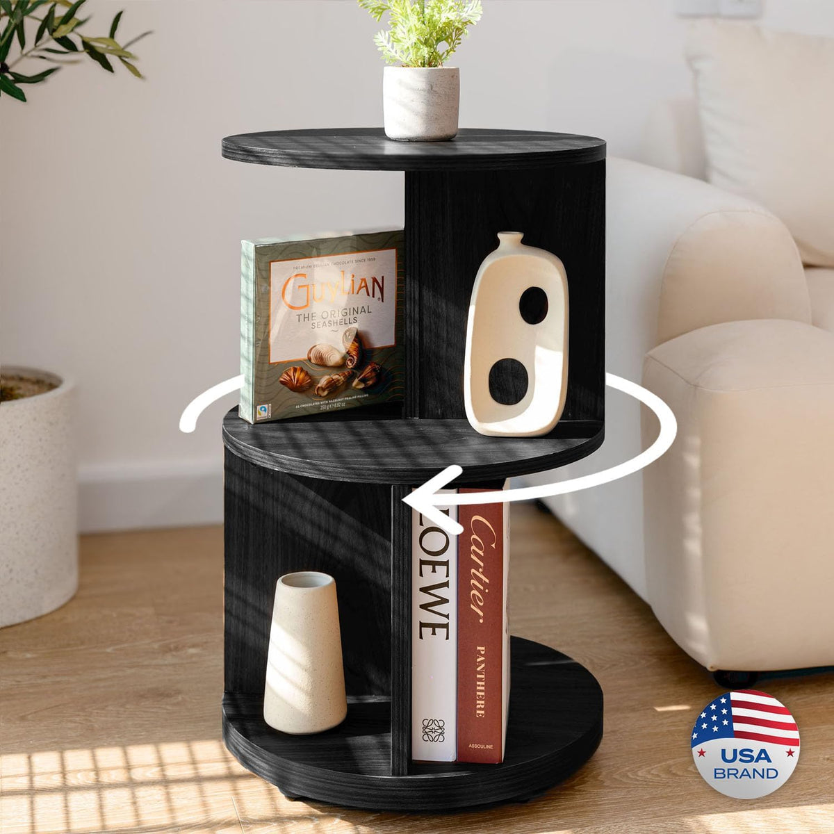 KAYMILY Round End Tables, Mid Century Modern 3 Tier Side Table for Living Room, Bedroom, Office, 25" Tall Accent Nightstand with Open Storage Shelves, Easy Assembly, MDF Wood - Rotating - Black