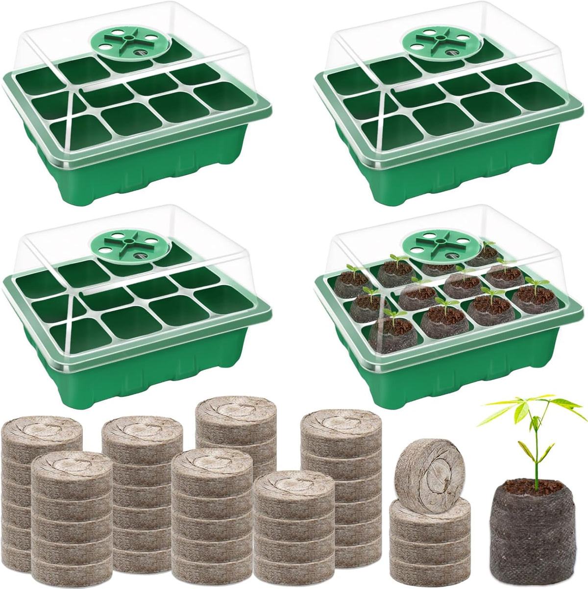 Halatool 4 Pack Seed Starter Tray with 50 PCS Peat Pellets, 48 Cells Green Seeding Starter Trays for Organic Seed Stater Soil Pods for Planting Vegetables Plants Flowers - Starting Seeds Kit