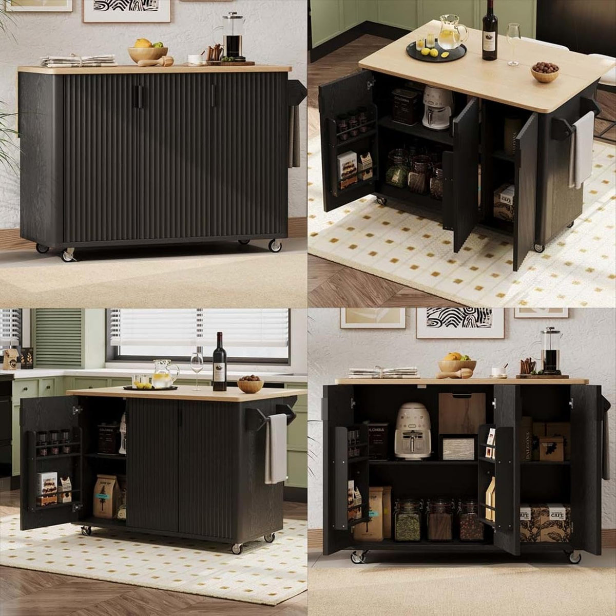 Kitchen Island with Drop Leaf with Drop Leaf Countertop with Storage and Dining Table, Kitchen Islands with Storage with Wheels Towel Rack， for Kitchen, Dining Room, Black