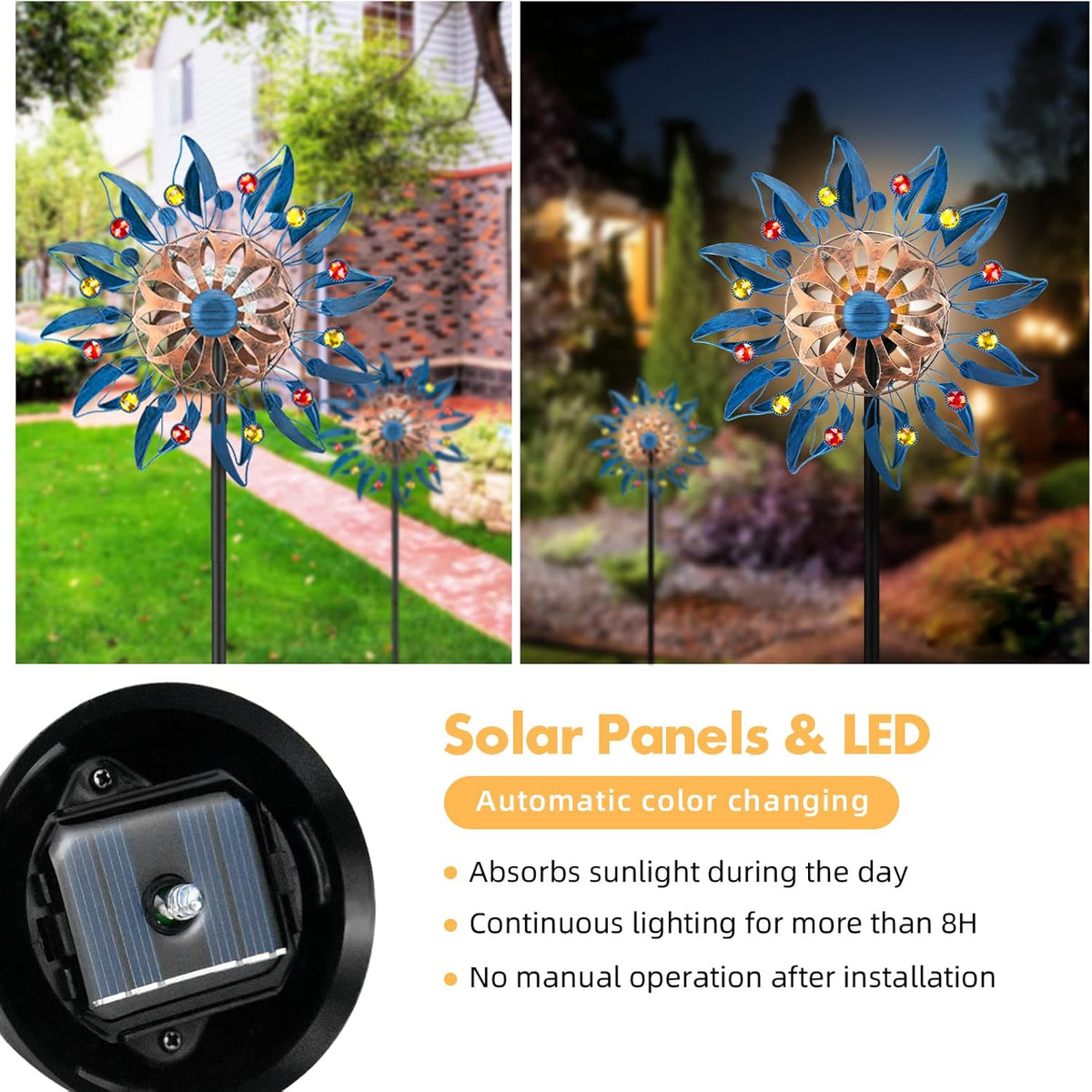 Solar Wind Spinner Retro Spinner, Waterproof Outdoor Metal Wind Sculpture for Patio, Lawn & Garden Decor