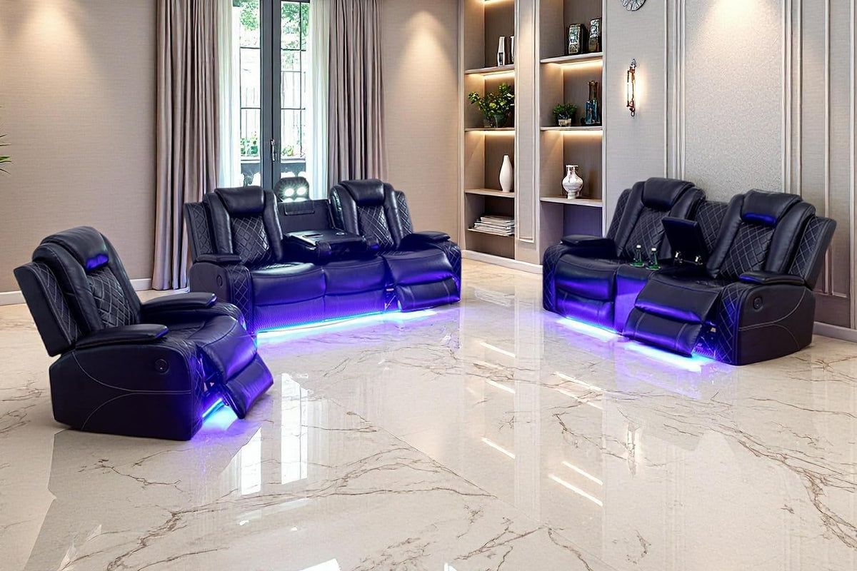 Power Recliner Sofa Set, Black Leather 3 Pieces Sectional Couch, Living Room Furniture Sets with LED Light, Modern Power Reclining Sets with Storage Console/Cup Holder for Living Room