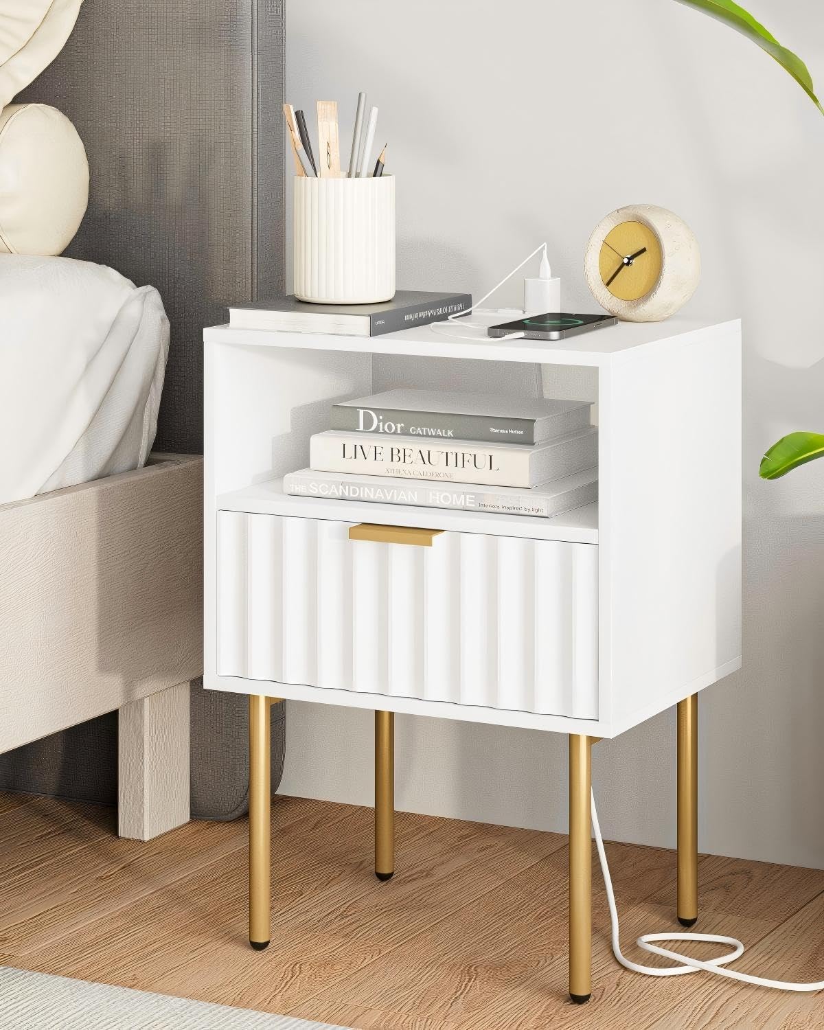 Masupu Nightstand with Charging Station,Mid-Century Modern Bedside Table with Storage Drawer and Open Wood Shelf,Small Gold Frame Side Table for Bedroom,Living Room (White Fluted)