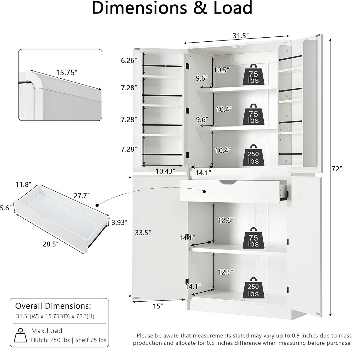 72 Inch Farmhouse Kitchen Pantry Cabinet with Unique Curved Design, 4-Door Storage with 8 Adjustable Door Shelves, 3 Adjustable Shelves & Hidden Drawer, Freestanding (Curved Design + White)