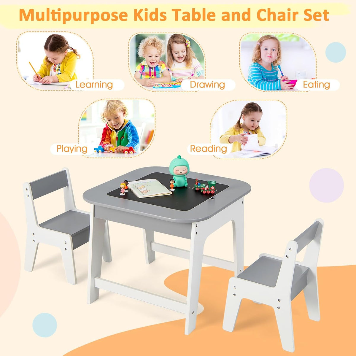 HONEY JOY Kids Table and Chair Set, 3-in-1 Children Wooden Activity Table and 2 Chairs for Art Craft, Reversible Blackboard, 3 PCS Toddler Furniture with Storage, Gift for Boys Girls (Gray)