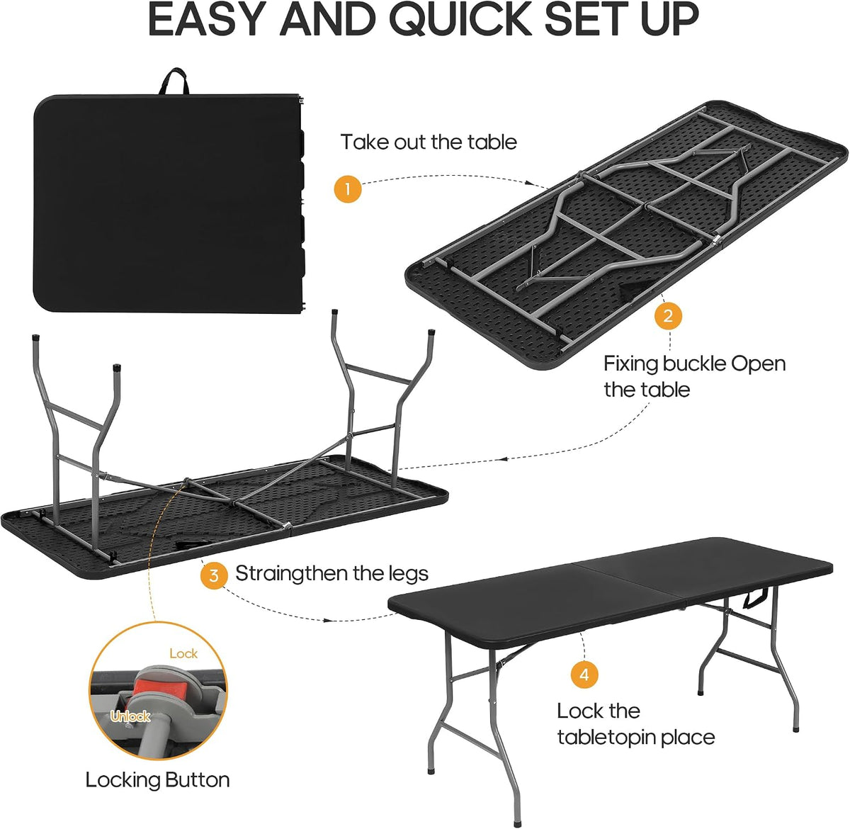 6ft Folding Table Heavy Duty 350 LBS Capacity Foldable Table with 18% Thicker HDPE Waterproof Top & Reinforced Steel Frame, Portable Fold-in-Half Table for Outdoor Indoor Party Wedding Camping