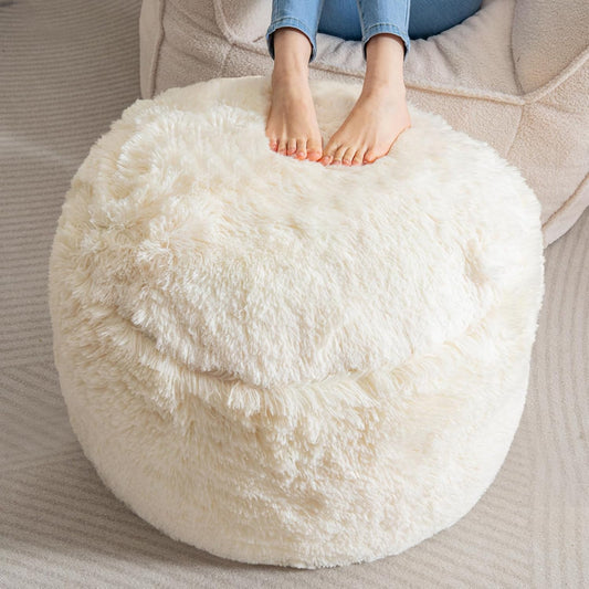 HIGOGOGO Round Stuffed Pouf Ottoman, Long Faux Fur Poufs with Foam Chunk Filling, Fluffy and Furry Pouf Foot Stool Storage Ottoman, 26 X 18 Floor Poufs Foot Rest for Living Room, White